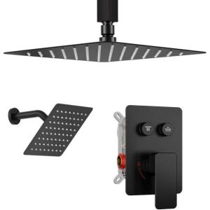 imageShower Faucet Set Matte Black Shower System 12quot Ceiling Rainfall Shower and 8quot Wall Mount Rain Shower with 2 in 1 Handheld Can Use All at Once Pressure Balance Roughin Valve and Trim KitBlak