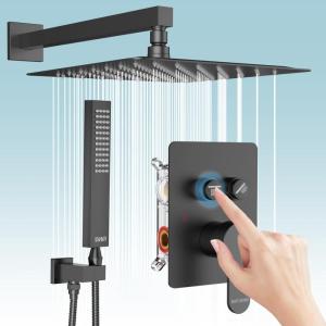 imageShower Faucet Set Matte Black Shower System 12quot Ceiling Rainfall Shower and 8quot Wall Mount Rain Shower with 2 in 1 Handheld Can Use All at Once Pressure Balance Roughin Valve and Trim KitMatte Black