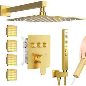 imageShower Faucet Set Matte Black Shower System 12quot Ceiling Rainfall Shower and 8quot Wall Mount Rain Shower with 2 in 1 Handheld Can Use All at Once Pressure Balance Roughin Valve and Trim KitGold1