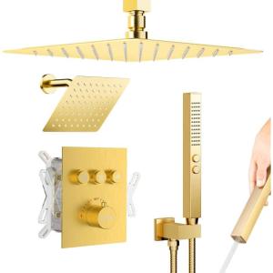 imageShower Faucet Set Matte Black Shower System 12quot Ceiling Rainfall Shower and 8quot Wall Mount Rain Shower with 2 in 1 Handheld Can Use All at Once Pressure Balance Roughin Valve and Trim KitGold