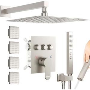 imageShower Faucet Set Matte Black Shower System 12quot Ceiling Rainfall Shower and 8quot Wall Mount Rain Shower with 2 in 1 Handheld Can Use All at Once Pressure Balance Roughin Valve and Trim KitBrushed Nickel1
