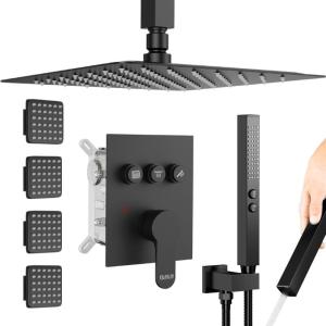 imageShower Faucet Set Matte Black Shower System 12quot Ceiling Rainfall Shower and 8quot Wall Mount Rain Shower with 2 in 1 Handheld Can Use All at Once Pressure Balance Roughin Valve and Trim KitMatte Black1