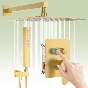 imageShower Faucet Set Matte Black Shower System 12quot Ceiling Rainfall Shower and 8quot Wall Mount Rain Shower with 2 in 1 Handheld Can Use All at Once Pressure Balance Roughin Valve and Trim KitBrushed Gold
