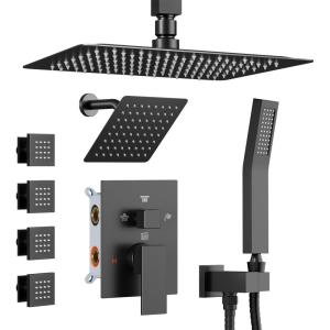 imageRain Shower System Brushed NickelSTARBATH Ceiling Mount 12 Rain Shower Head and 6 Rainfall Shower with Handheld Spray 3 Way Shower Valve with 5 Diverter and Trim Kit Shower Faucet SetMattle Black