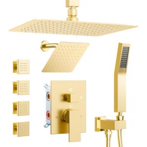 imageRain Shower System Brushed NickelSTARBATH Ceiling Mount 12 Rain Shower Head and 6 Rainfall Shower with Handheld Spray 3 Way Shower Valve with 5 Diverter and Trim Kit Shower Faucet SetGold