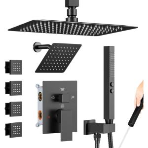 imageShower Faucet Sets Matte Black Shower SystemSTARBATH 4 Way 126quot Dual Head Shower Set Complete with 2 in 1 HandheldCeiling Mounted Rainfall Shower Head with 4 Body Spray Jets Shower Jets SystemBlack