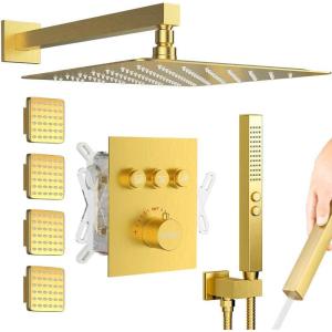 imageShower Faucet Sets Matte Black Shower SystemSTARBATH 4 Way 126quot Dual Head Shower Set Complete with 2 in 1 HandheldCeiling Mounted Rainfall Shower Head with 4 Body Spray Jets Shower Jets SystemGold