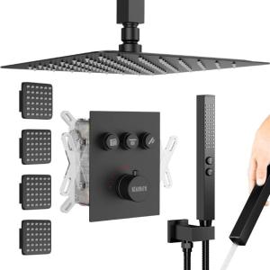 imageShower Faucet Sets Matte Black Shower SystemSTARBATH 4 Way 126quot Dual Head Shower Set Complete with 2 in 1 HandheldCeiling Mounted Rainfall Shower Head with 4 Body Spray Jets Shower Jets SystemMatte Black