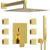 imageThermostatic Shower System 12 Inch Rain Shower Head with Handle Set and 4 Body Jets 3 Function Simultaneous Use Wall Mount Shower Faucet Set Push Button Diverter with Thermostatic ValveGold