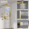 imageThermostatic Shower System 12 Inch Rain Shower Head with Handle Set and 4 Body Jets 3 Function Simultaneous Use Wall Mount Shower Faucet Set Push Button Diverter with Thermostatic ValveGold