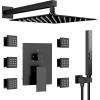 imageThermostatic Shower System 12 Inch Rain Shower Head with Handle Set and 4 Body Jets 3 Function Simultaneous Use Wall Mount Shower Faucet Set Push Button Diverter with Thermostatic ValveMatte Black
