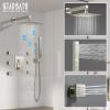 imageThermostatic Shower System 12 Inch Rain Shower Head with Handle Set and 4 Body Jets 3 Function Simultaneous Use Wall Mount Shower Faucet Set Push Button Diverter with Thermostatic ValveBrushed Nickel
