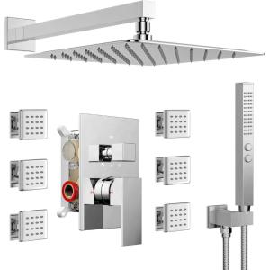 imageThermostatic Shower System 12 Inch Rain Shower Head with Handle Set and 4 Body Jets 3 Function Simultaneous Use Wall Mount Shower Faucet Set Push Button Diverter with Thermostatic ValveChrome