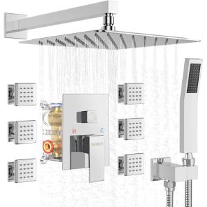 imageShower Body System Rainfall Shower with Jets 10 Inch Wall Mounted Rain Shower Head with Handheld Spray 6 Body Sprays Shower Head with Jets Roughin Mixer Valve and Trim Included Shower Combo Set