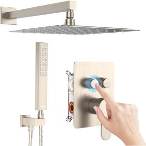 imageRainfall Shower System 10 inch Wall Mounted Rain Shower Head with Handle Set Push Button Diverter 2 Functions Simultaneous UseHigh Pressure Shower Faucet Set with Roughin Valve Brushed NickelBrushed Nickel