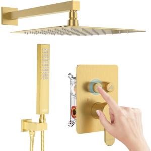 imageRainfall Shower System 10 inch Wall Mounted Rain Shower Head with Handle Set Push Button Diverter 2 Functions Simultaneous UseHigh Pressure Shower Faucet Set with Roughin Valve Brushed NickelBrushed Gold