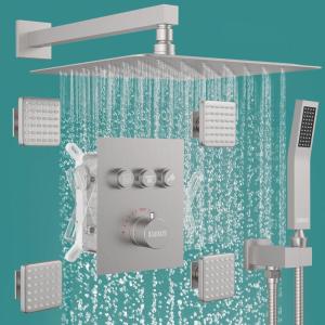imageSTARBATH Shower System with 4 Body Jets 12 Thermostatic Wall Mount Rain Shower Head and Handle Set Button Design All Nozzle Can Run Together Brushed Nickel Shower Faucet Set With Shower Valve