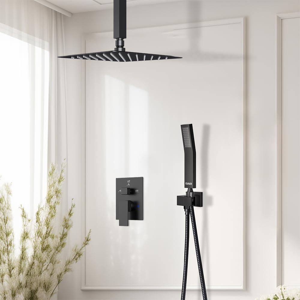 imageShower Faucet Set Matte Black Shower System Starbath 8quot Rain Shower Head and Handheld Spray Shower Set Complete Ceiling Mounted2 Way Pressure Balance Shower Valve and Trim Kit Included