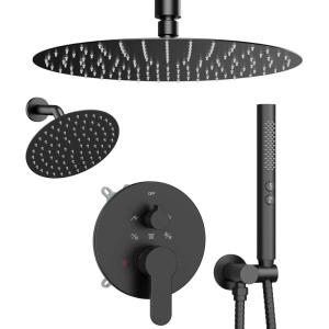 imageShower Faucet Sets Shower Systems 126quot Dual Rain Shower Head with Handheld Spray Rainfall 3 Way Shower Valve with 5 Diverter and Trim Kit Complete Brushed NickelMatte Black