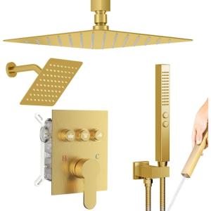 imageBrushed Gold Shower System STARBATH Ceiling Mounted 126 Inch Rainfall Shower Head with 2 in 1 High Pressure Handheld Can Use All at Once Push Button Diverter Pressure Balancing Valve with Trim KitBrushed Gold