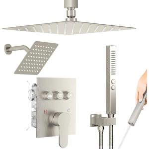 imageBrushed Gold Shower System STARBATH Ceiling Mounted 126 Inch Rainfall Shower Head with 2 in 1 High Pressure Handheld Can Use All at Once Push Button Diverter Pressure Balancing Valve with Trim KitBrushed Nickel