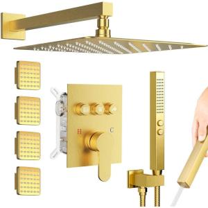 imageShower System with 4 Body Spray Jets STARBATH 4 Way 12  6quotRainfall Shower Head with Handheld Combo Wall Mounted Shower Jets System in Wall Shower Faucet Set Brushed GoldGold