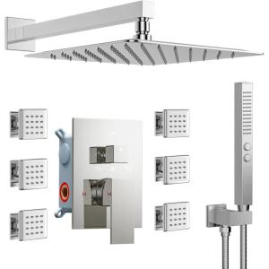 imageShower System with 4 Body Spray Jets STARBATH 4 Way 12  6quotRainfall Shower Head with Handheld Combo Wall Mounted Shower Jets System in Wall Shower Faucet Set Brushed GoldChrome